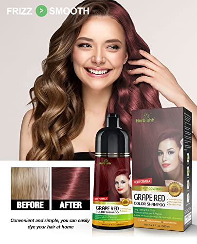 Herbishh Hair Color Shampoo (Grape Red) - Magic Hair Dye for Gray Hair - Ammonia-Free, 3-in-1 Shampoo Conditioner - Lasts 2-3 Weeks, 500 ml