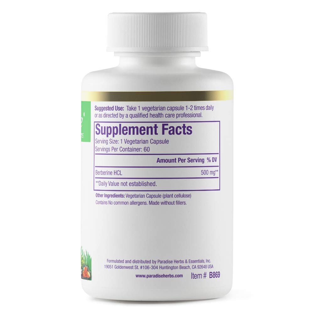 Paradise Herbs, Berberine Extract, 500 mg, Pure & Potent Berberine Supplement, Vegan, Non-GMO, Gluten Free, 60 Vegetarian Capsules