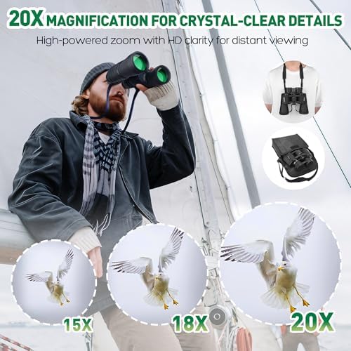 Binoculars for Adults High Powered, 20 x 50 Compact Military HD Large View Binoculars for Bird Watching Travel Hunting Cruise Outdoor Sports with Carrying Case & Strap