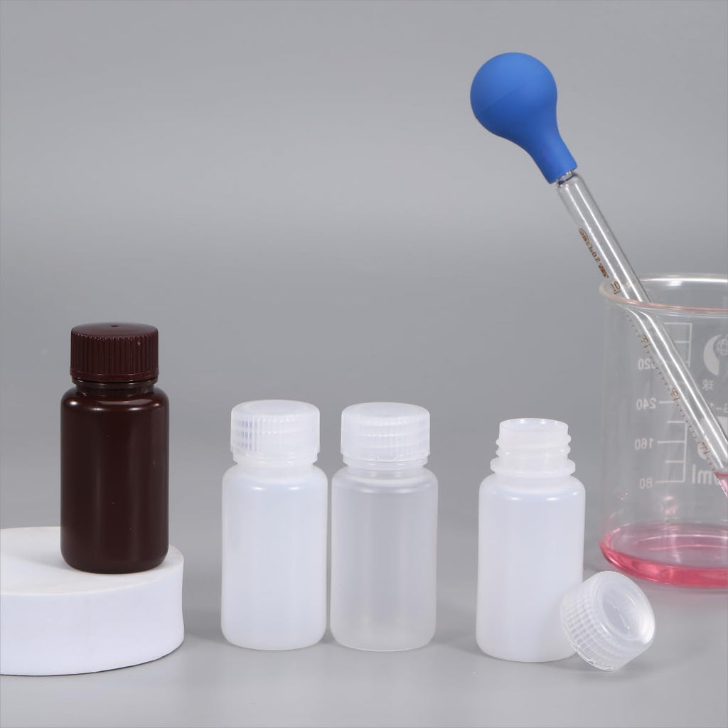 UMETASS 2 oz Wide Mouth HDPE Amber Bottles (5 Pcs) - Lab Grade, Leak-proof for Reagents & Water Samples