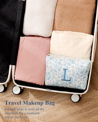 HBselect Initial Makeup Bag, Quilted Makeup Bag, Cotton Large Travel Makeup Bag, Cute Floral Coquette Make up Bag Cosmetic Bag Toiletry Bag for Women Girls K