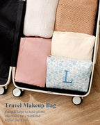 HBselect Initial Makeup Bag, Quilted Makeup Bag, Cotton Large Travel Makeup Bag, Cute Floral Coquette Make up Bag Cosmetic Bag Toiletry Bag for Women Girls K