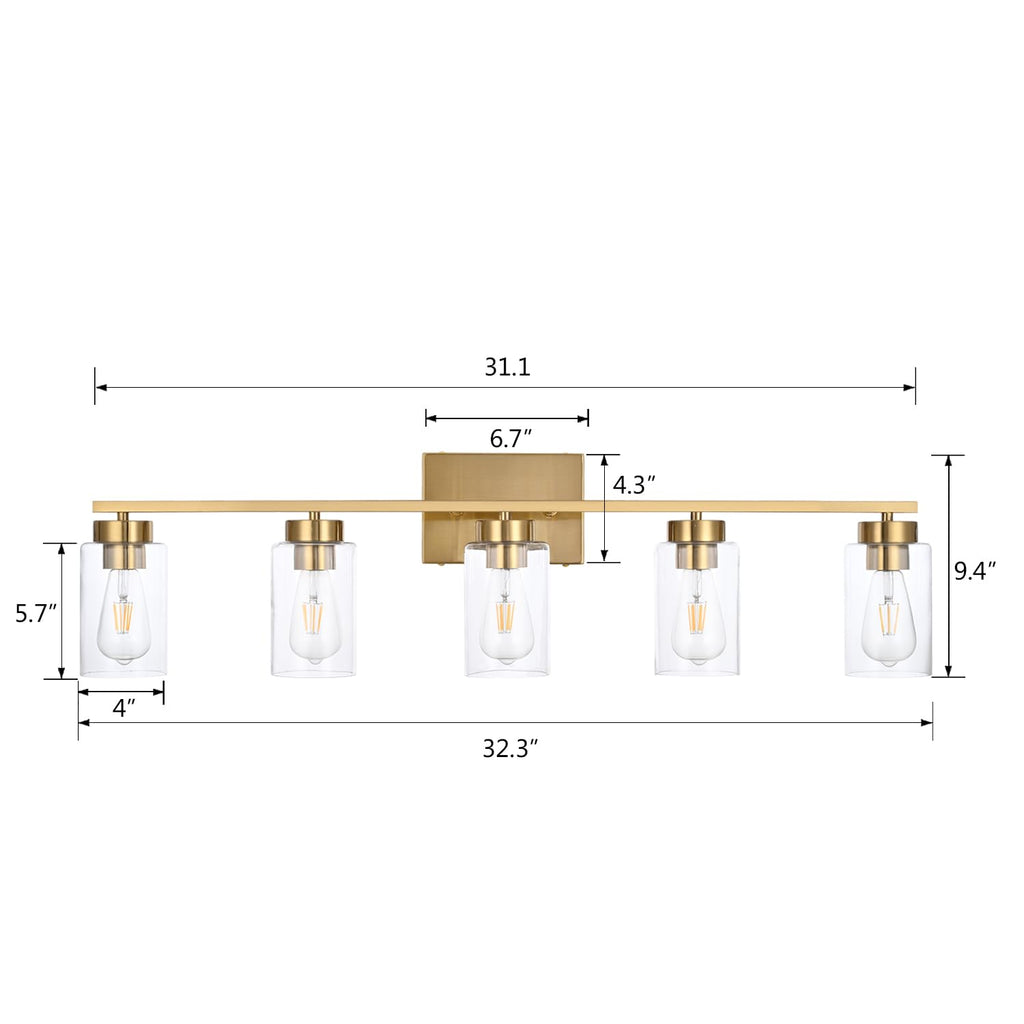 A1A9 5 Light Bathroom Vanity Light Fixtures, Brushed Brass Modern Wall Lights with Clear Glass Shade, Vintage Wall Sconce Lighting for Living Room, Mirror, Bedroom, Hallway (Gold, 5-Lights)