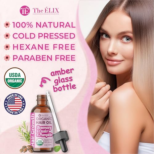 USDA Organic Rosemary Hair Oil for Hair Growth 4oz - Cold Pressed & Hexane Free Blend of Castor, Pumpkin Seed, Peppermint & Jojoba Oils - Thickening & Strengthening Hair Loss Treatment for Women & Men