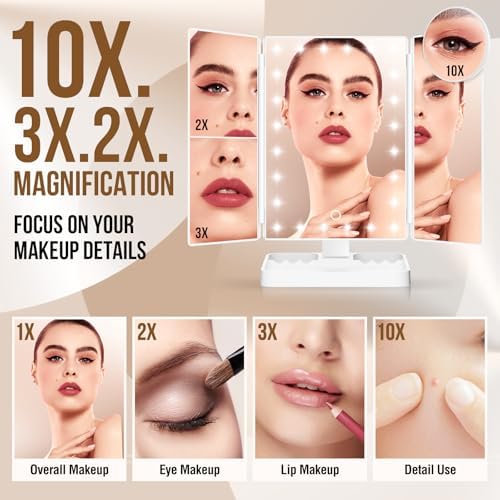 Wireless Rechargeable Lighted Makeup Mirror with 3 Color Lighting, 2000mAh Rechargeable Battery, 10x 3X 2X Magnification Mirror, 24 LED Mirror, 360 Degree Rotation, Gift for Woman (White)