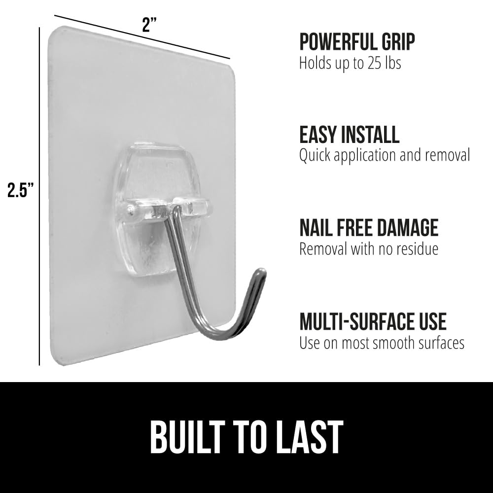 GORILLA GRIP Heavy Duty 25lbs Extra Grippy Reusable Wall Hooks for Hanging, Easy Install Strong Stick on Removable Hook, No Nail Damage, Multi-Surface Use for Decorations, 5 Pack, Metal