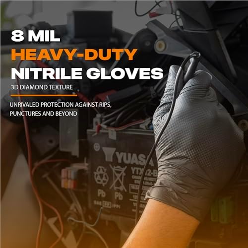 Herkules Grip Heavy Duty 8Mil Black Nitrile Gloves,3D Raised Diamond Texture-Latex & Powder-Free Industrial, Mechanic