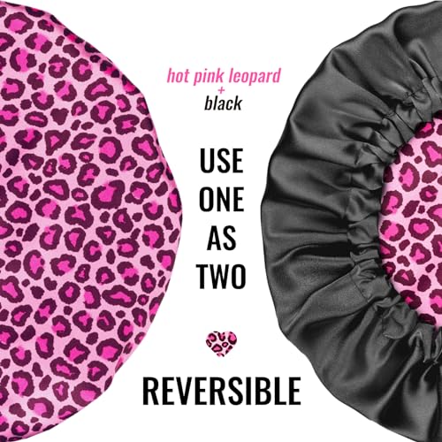PARISBELLA Reversible Silk Satin Bonnet For Sleeping, Adjustable Sleep Cap for Curly Hair, Chic Hair Wrap With Scrunchy, Leopard, Large, Pack of 1