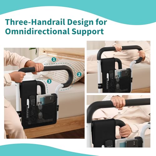 Bed Rails for Elderly Adults Safety, Height and Length Adjustable Bed Assist Rail for Senior, Bedrail with 2 Bag & Strap, Help Get in & Out of Bed, Fit Most Bed, Supports 300 lbs, Tool-Free