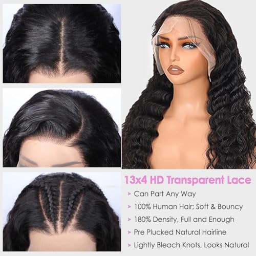 Loose Deep Wig Lace Front Wigs Human Hair Wigs for Black Women 13x4 HD Transparent Lace Frontal Wigs Human Hair Pre Plucked 200% Density Loose Deep Glueless Wigs Natural Black Color 26 inch