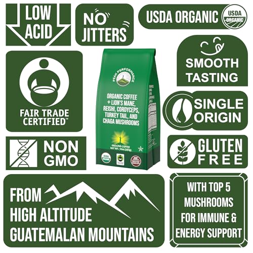 Organic Low Acid Mushroom Coffee with Lion's Mane, Reishi, Cordyceps, Turkey Tail, and Chaga Mushrooms. Premium High Altitude Medium Roast Ground Bags. Great Tasting (Unlike Cheap Instant Coffee)