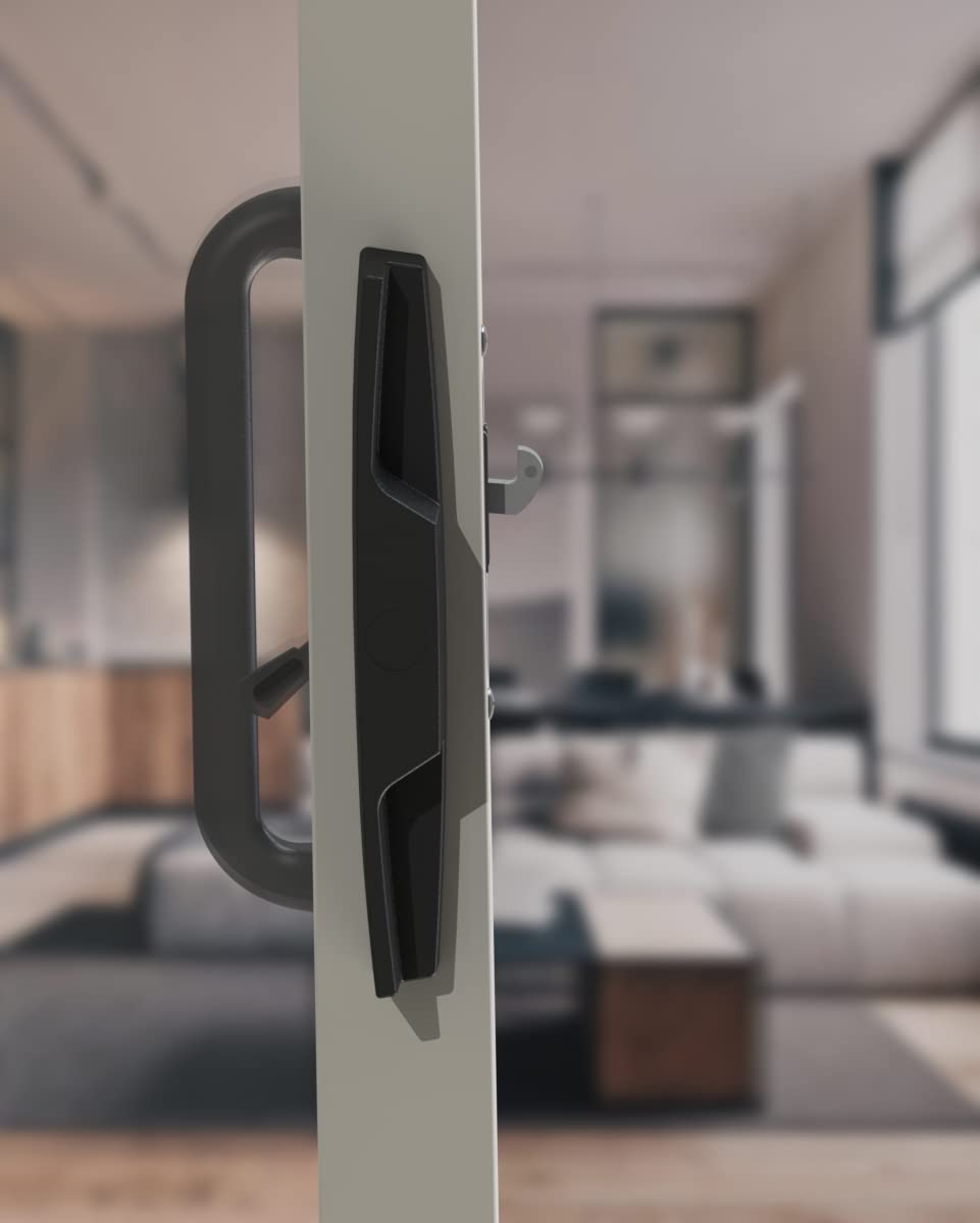 House Guard Sliding Patio Door Handle Set with Mortise Lock, 3-15/16" Screw Hole Spacing, Fits 1-1/4" to 2-1/4" Doors, Reversible Black Aluminum