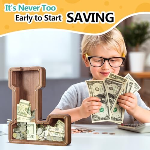 Summidate Large Wooden Piggy Bank for Kids Adults, Alphabets Letter A-Z Piggy Bank for Boys Girls, Coins Bills Change Bank Box Personalized Initial Name Kids Money Bank for Birthday Present and Decor