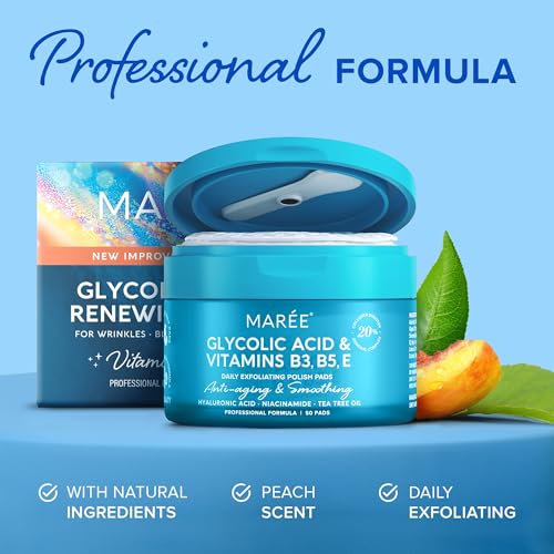 MAREE Glycolic Acid Pads - Toner Pads for Face Cleansing - Tea Tree Oil, Salicylic Acid & Vitamins E, B3, B5 - Facial Peel & Radiance Deep Cleaning Effect - 50 Count