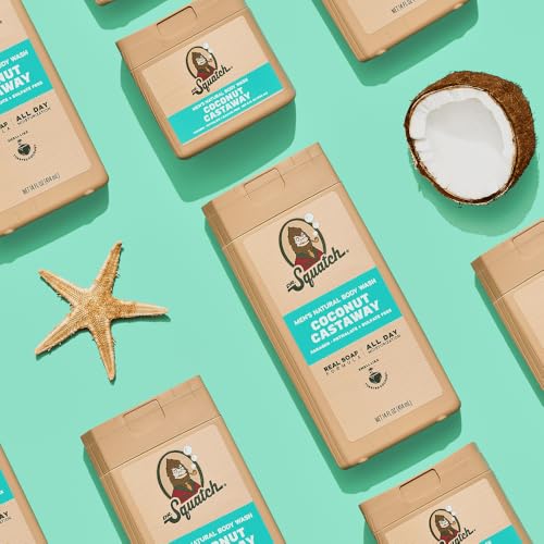 Dr. Squatch NEW Natural Body Wash for Men - Non-Exfoliating - Coconut Castaway (14 oz) + Wood Barrel Bourbon + Pine Tar (8 oz, 2 Pack) + Body Scrubber