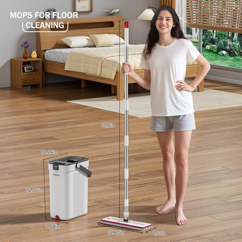HoMettler Mop and Bucket Set, 3-Tank Flat Mop and Bucket System for Separate Dirty & Clean Water, 65" Mops for Floor Cleaning with 6 Washable Pads, Safe for Hardwood, Vinyl, Tile, Baseboards, Walls