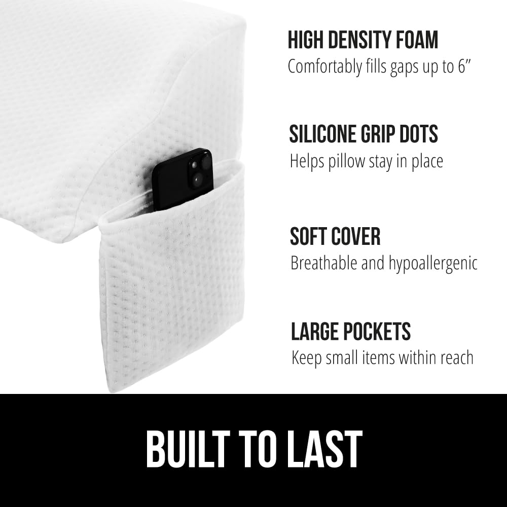 GORILLA GRIP King Bed Wedge Pillow for Headboard Gap, Filler Between Mattress Gaps, US Designed, Comfortable Supportive High Density Cushion Foam Pillows, Stay in Place Gripping Dots, White