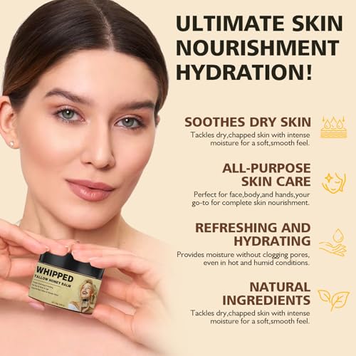 Cebo De Res Para La Cara, Whipped Tallow Honey Balm, Crema De Sebo De Res, Moisturising and Soothing, Grass Fed Grass Finished Organic Face Cream for All Skin Types