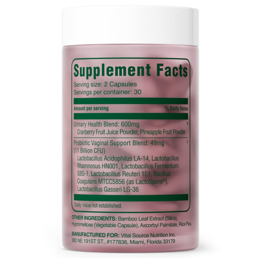 Vital Source Nutrition - Feminine Balance Capsules - Vaginal Wellness & pH Support - with LactoSpore, Cranberry + Pineapple Fruit Powder -Supports Urinary Wellness & Healthy Flora -30 Servings