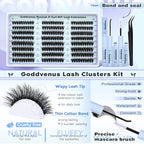 Lash Clusters Kit Wispy Lashes clusters Natural Fluffy Eyelashes Clusters 12mm 14mm 16mm Mixed Cluster Eyelash Extensions Kit D Curl DIY Individual Lashes Kit with Bond and Seal Lash Glue