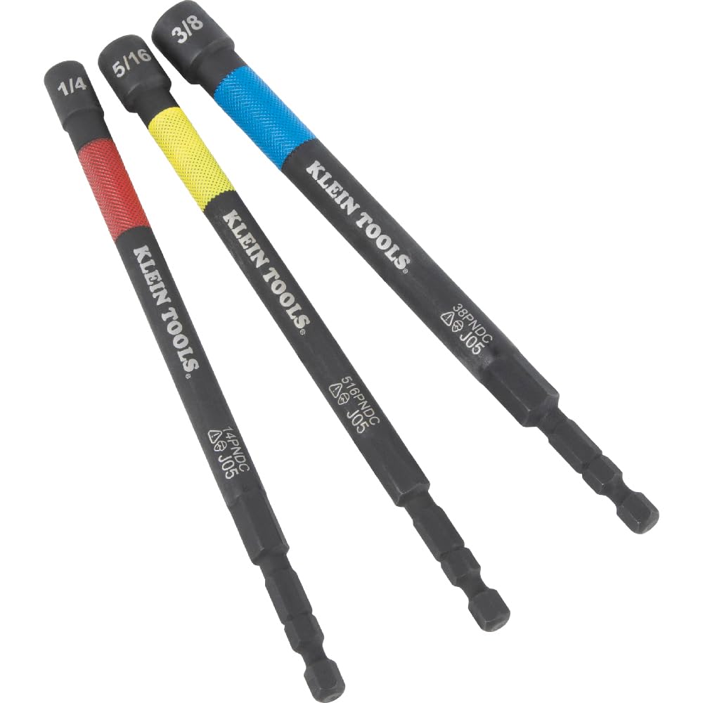 Klein Tools 65411PK3 Magnetic Color-Coded Power Nut Setter Set, 1/4-Inch Impact Hex Drive, 5-Inch Shaft, Extended Reach, 3-Piece