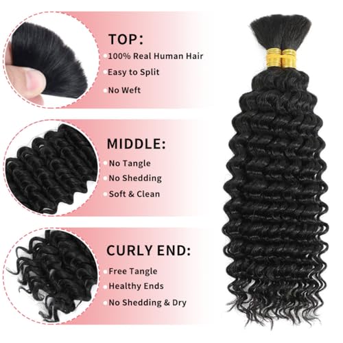 Deep Wave Bulk Human Hair for Braiding 110g 12A Brazilian Virgin Curly Human Hair Extensions for Boho Braids Human Hair 28 Inch Wet and Wavy Human Braiding Hair 2 Bundles/Pack Natural Color