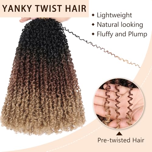 COOKOO 12 Inch 8 Pcs Boho Yanky Twist Crochet Hair with Curly Ends Ombre Brown and Blonde Bouncy Passion Twist Synthetic Braids Pre-looped Micro Spring Twist Hair Yanky Twists for Women 1B/30/27#