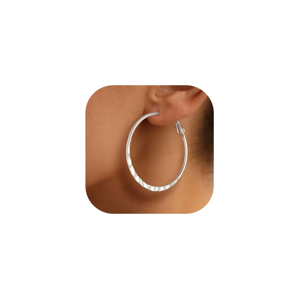 Richsteel Silver 40MM Hammerd Hoop Earrings for Women