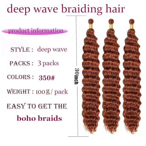 3packs 30 Inch Soft Curly Braiding Hair,Ocean Wave Crochet Hair for Black Women,Deep Wave Braiding Hair for Boho Braids (350#, 30 inch (pack of 3))