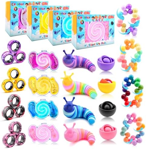 Cevioce 20Pcs Fidget Toys Adults Pack,Stocking Stuffers for Teens Boys Girls,Autism Sensory Toys with Fidget Spinner Slug Magnetic Rings,Squishy Fidget Toys ADHD Stress Relief,Party Favor for Kid-BPYP