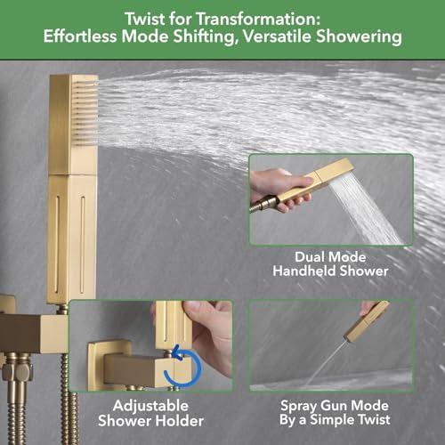 VANFOXLE Shower Faucet Set Brushed Gold Shower System,Push Button Diverter Shower Faucet with 2 in 1 Handheld,Ceiling Mount 10 Inch Shower Head with 6 Inch Wall Mount Shower Head