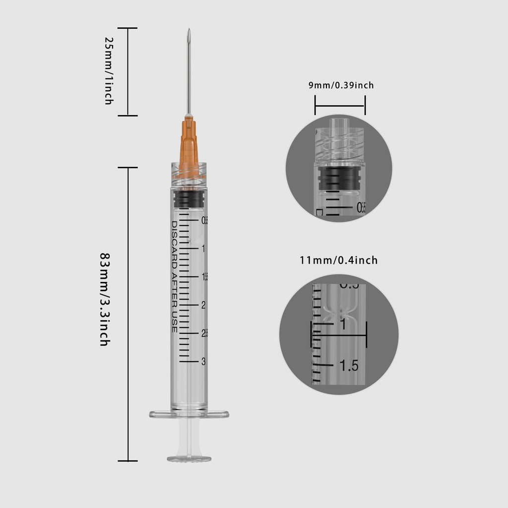 23 Gauge 1 inch Needle with Syringe(30 Pack), 3ml Luer Lock Syringes with Needle, Individual Package