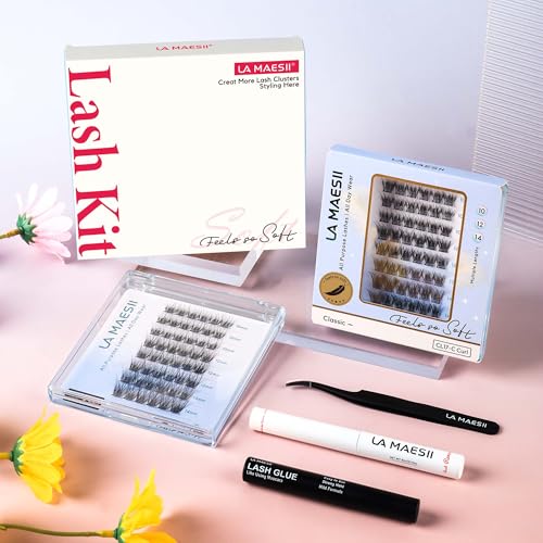 Lash Clusters Kit, Wispy & Natural Clusters Lashes Extension Kit, 48 Cluster Eyelash Extensions Soft Individual Lashes, with Clusters Lash Glue Remover Applicator DIY at Home(Wispy-C-Kit)