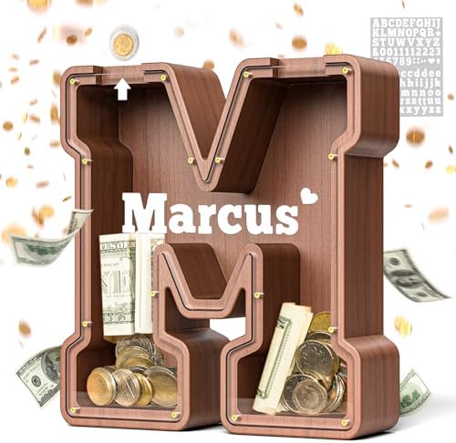 Summidate Wooden Letter Piggy Bank, Extra Thick Large Capacity Piggy Bank for Kids Boys Girls Toddler, Alphabet M Money Bank| Coin Box Birthday, Christmas, Festival