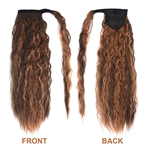 YEAME Corn Wave Ponytail Extension Clip in - 22 Inch Long Wavy Curly Wrap Around Pony Tail Heat Resistant Synthetic Hairpiece for Women (Brown mixed Light Auburn #8H30)