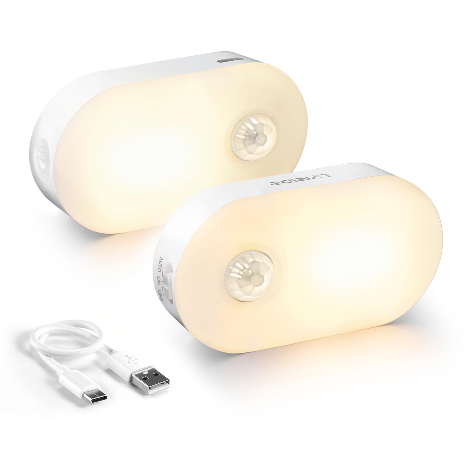 Lyridz Rechargeable Battery Night Light with Motion Sensor, Portable Mini Warm White LED Stick-on Closet Light, Adjustable Brightness for Bathroom, Bedroom, Kitchen, Cabinet, Stairs, Hallway, 2-Pack