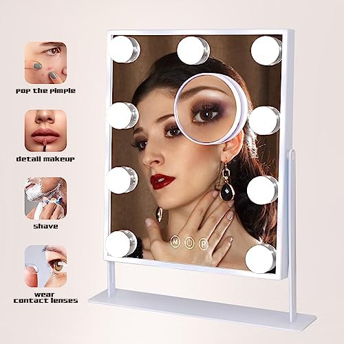COOLJEEN Vanity Mirror with Lights, 9 Led Bulbs Lighted Makeup Mirror with Detachable 10X Magnification Mirror, Hollywood Mirror 3 Color Lights Tabletop Makeup Mirror, 360°Rotation