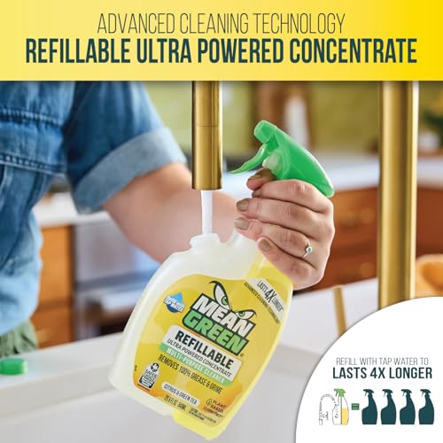 Mean Green Refillable Ultra Powered Multi-Purpose Cleaner Concentrate, Citrus & Green Tea, 14.3 fl oz (2-Pack) – Plant & Mineral Based, Cuts Through Grease & Grime, Refillable Bottle Makes 4X Refills