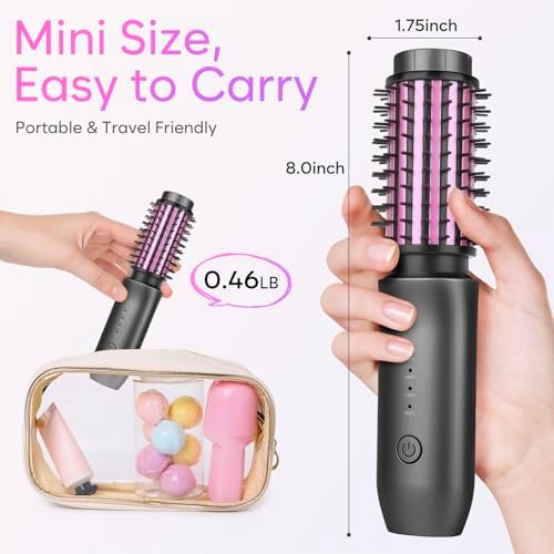Cordless Curling Iron Brush, 2024 New Portable Travel Curling Iron Mini Brush for Women, 7000Mah USB Rechargeable Curling Wand Brush with Negative Ion, Gray