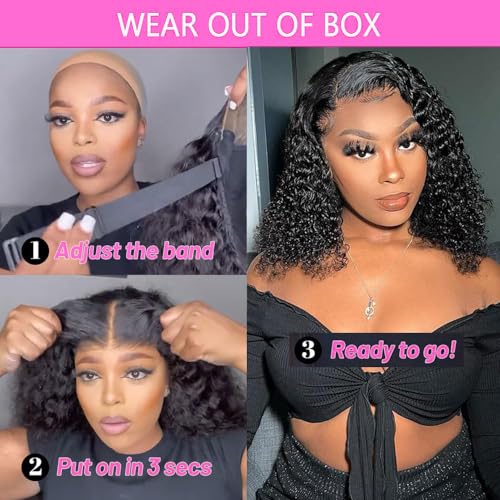 Wear and Go Glueless Wigs Human Hair Pre Plucked Pre Cut Deep Wave Curly Bob Wig Human Hair Lace Front Wigs for Black Women 4x4 Lace Closure Human Hair Bob Wigs Glueless 8 Inch