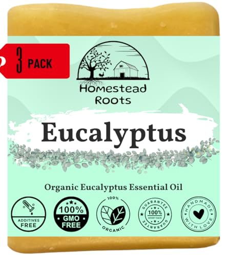 Eucalyptus- Handcrafted with Grass-Fed Beef Tallow and Organic Oils - Scented with Organic Essential Oils - Artisanal Bar Soap - 3 Pack - Each Bar Unique, Beige