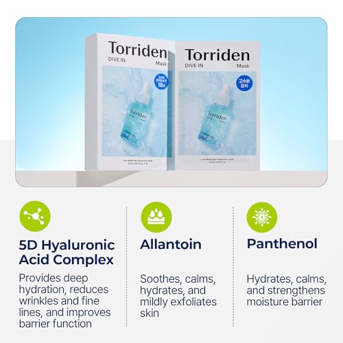 Torriden DIVE IN Hyaluronic Acid Facial Mask (10 sheets) | Extra Moisturizing Care | Hyaluronic Acid, Panthenol, Allantoin | Korean Face Mask