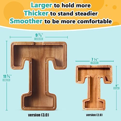 Summidate Customized Name Extra Large Wooden Piggy Bank for Kids Boys Girls Alphabets Letter A-Z Coins Bills Money Change Saving Box Clear Cover (Laser Engraved) Educational Toys 12"- Letter T