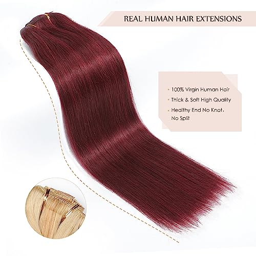 Sisily Clip in Hair Extensions Real Human Hair, 140g 7pcs Human Hair Clip in Hair Extensions Burgundy Red, Hair Extensions Real Human Hair Clip ins 16 Inch Straight Double Weft