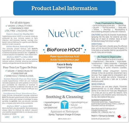 BioForce HOCl - Pure Hypochlorous Acid Spray for Face & Body - Acne-Prone Skin & Eczema, Piercing aftercare, Made in Canada, Gentle Skin Cleanser & Toner, pH Balanced, Non-comedogenic - NueVue (8.2oz)