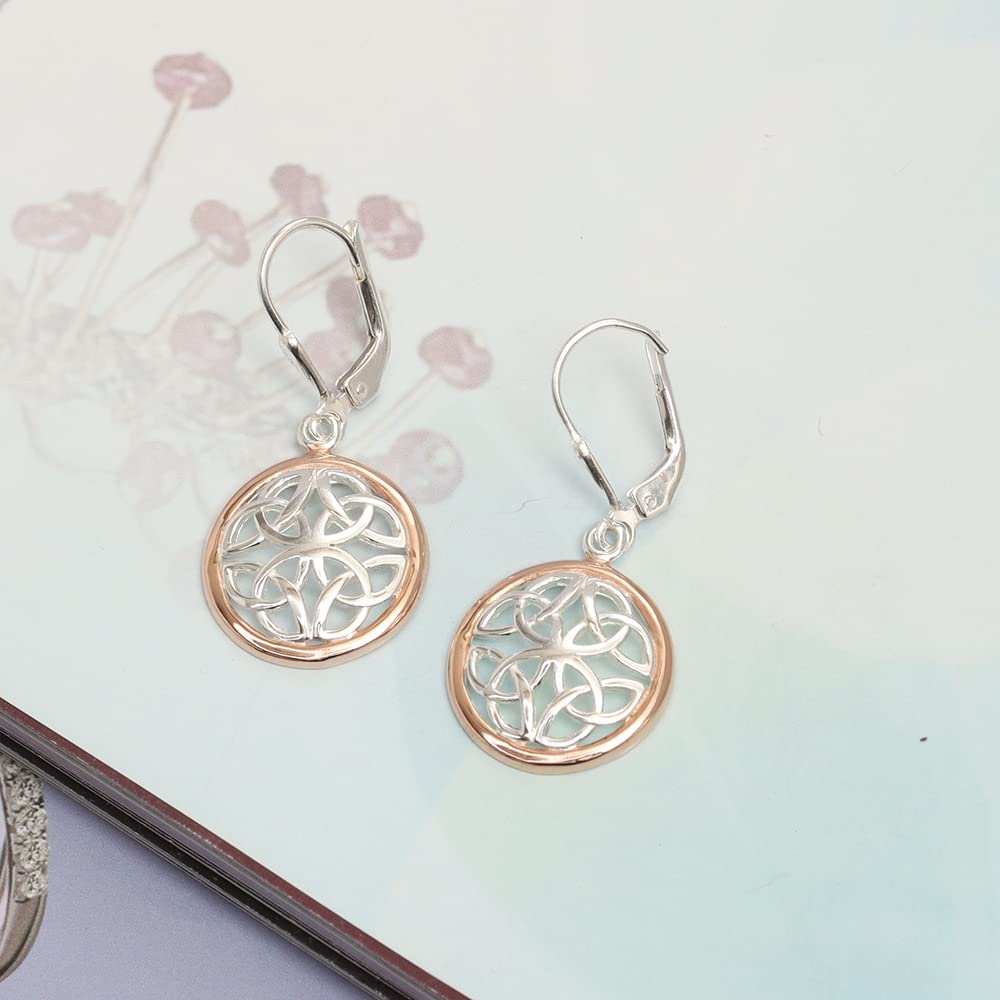 LeCalla 925 Sterling Silver Celtic Knot Earrings | Two-Tone Jewelry | Lightweight Celtic-Knot Leverback Drop Dangle Earring for Women - 35mm
