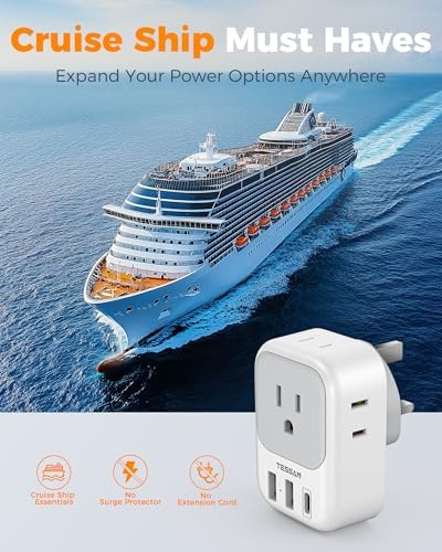 US to UK Plug Adapter, TESSAN Type G Travel Converter with 3 USB Charger(1 USB C Port), 4 Outlets Power Adaptor for USA to Qatar Ireland Hong Kong England Scotland Kenya Dubai London British
