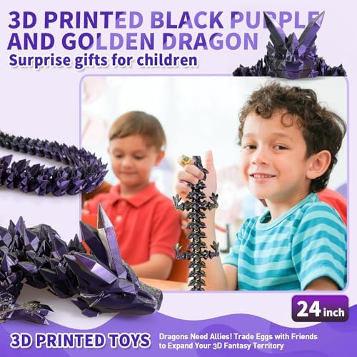 Large 3D Printed Dragon,24 Inch 3D Dragon Toys,Bigger Fidget Crystal Animals Toys, 3D Printed Articulated Animals for Home Office Car Desk Decor （Black Purple Gold）