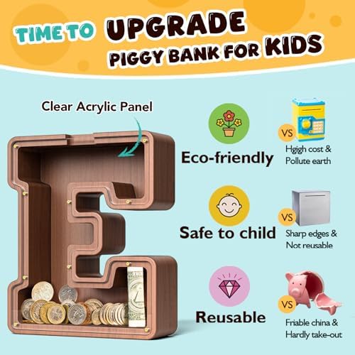 Summidate Wooden Letter Piggy Bank, Extra Thick Large Capacity Piggy Bank for Kids Boys Girls Toddler, Alphabet E Money Bank| Coin Box Birthday, Christmas, Festival