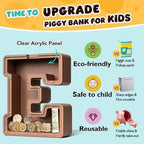 Summidate Wooden Letter Piggy Bank, Extra Thick Large Capacity Piggy Bank for Kids Boys Girls Toddler, Alphabet E Money Bank| Coin Box Birthday, Christmas, Festival